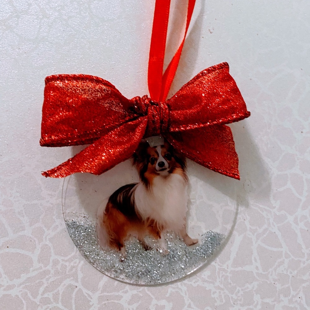 Festive Papillion Dog Ornament or car dangle with Red Bow